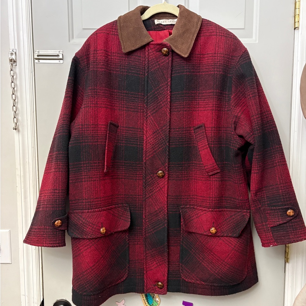 Vintage Larry Levine Red and Black Plaid Utility Wool and Leather Jacket
